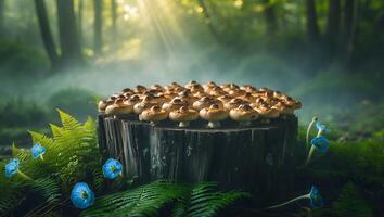 Mushrooms Growing on a Stump in Forest with Ferns and Flowers photo