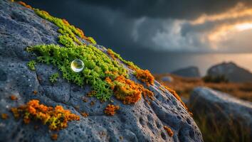 Mossy Rock with Water Droplet Reflecting Sky and Mountain View photo