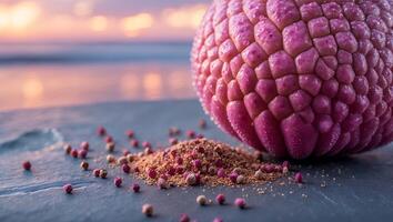 Pink Textured Sphere and Seed Pile at Sunset Evokes Calm and Wonder photo