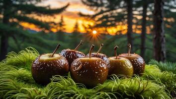 Delicious Caramel Apples on Moss with Forest Sunset Backdrop photo