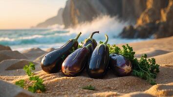 Eggplant Arrangement on Beach with Ocean Backdrop for Unique Culinary Concept photo