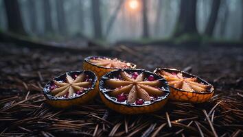 Cut Citrus Fruits on Forest Floor with Mysterious Background Sunlight photo