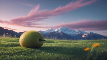 Pear on Green Grass Field with Distant Mountains at Sunset photo