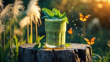 Kiwi Smoothie with Mint Resting on Wooden Stump with Butterflies photo