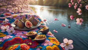 Figs with Pistachios Served by Water with Blossoms and Sunshine photo
