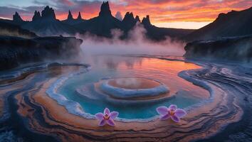 Hot Spring with Flowers at Sunset Reflecting Cloudy Sky photo