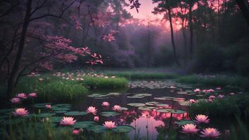 Pink Water Lilies Floating on a Peaceful Pond at Dusk photo