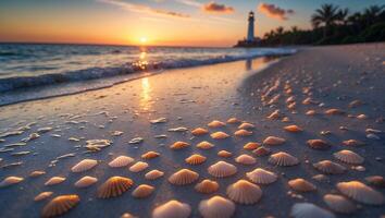 Seashells on Sandy Beach at Sunset with Ocean Waves and Lighthouse photo