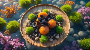 Still Life with Spheres and Black Fragments on a Wooden Tray photo