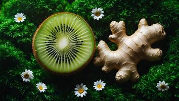 Vibrant Kiwi Slice and Ginger Root on Mossy Green Bed with Daisies photo