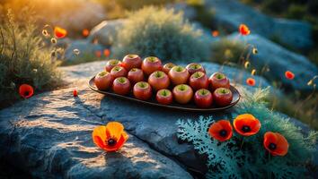 Apples on Tray with Poppies Scattered on Rocks at Golden Hour photo
