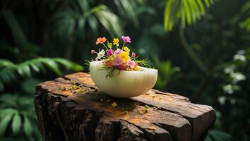 Display of Colorful Flowers in Half Onion Bowl on Wood Stump photo