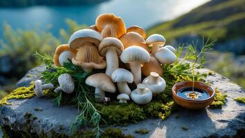 Assorted Mushrooms Displayed on Mossy Stone with Bowl of Dark Liquid photo