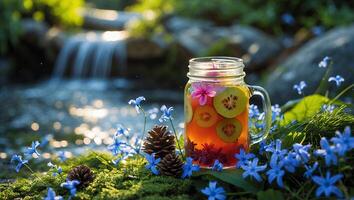 Refreshing Drink in Jar with Fruit Slices and Waterfall Backdrop photo