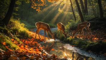 Deer Drinking From Stream in Forest with Sunlight and Autumn Leaves photo