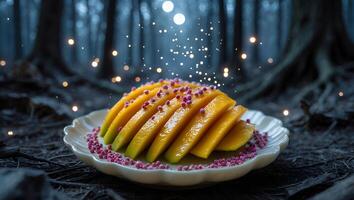 Sliced Mango with Berries on Plate in Dark Mysterious Forest photo