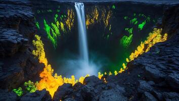 Cascading Waterfall Through Rocky Gorge with Glowing Trees and Mist photo