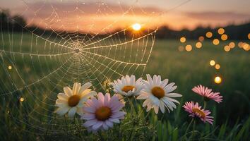 Daisies and Dew Covered Spiderweb in a Meadow at Sunrise photo