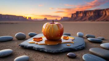 Honey Glazed Apple on Slate Desert Scene with Sunset Glow photo