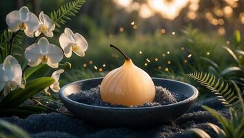 Glowing Pear in Bowl with Orchids and Bokeh in Nature photo
