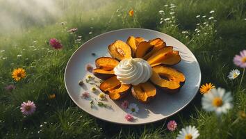 Plum Slices with Cream on Plate in a Flowery Meadow photo