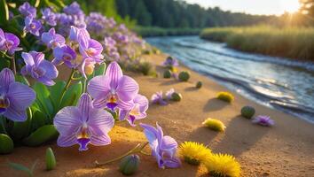 Orchid Flowers Along Riverbank at Sunset with Serene Water View photo