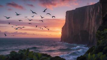 Seagulls Flying Over Ocean Cliffs at Sunset with Colorful Sky photo