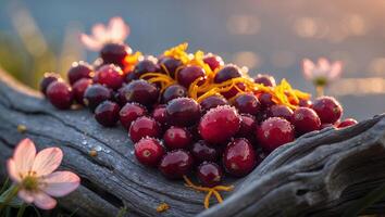 Cranberries Resting on Log with Orange Zest and Pink Flowers photo