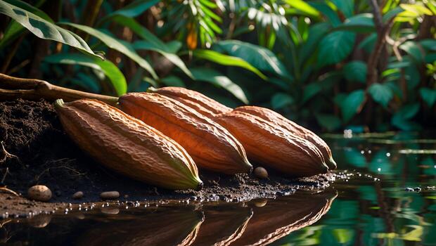 Harvested Cocoa Pods Displayed Beside Water Source in Lush Landscape photo