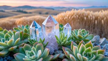 Crystals and Succulents Garden with Soft Light Over Rolling Hills photo