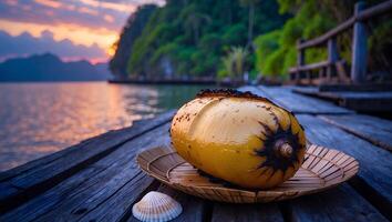 Coconut on Plate with Seashell at Wooden Dock at Sunset photo