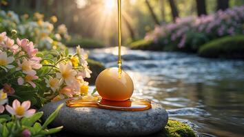 Pouring Liquid Onto Egg on River Stone Amidst Flowers in Nature photo