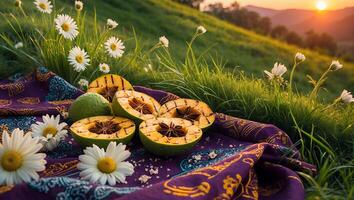 Grilled Avocado Picnic with Daisies on a Hillside at Sunset photo
