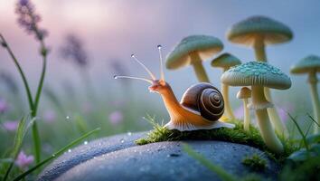 Snail Exploring Mossy Rock with Mushrooms in Dreamy Natural Setting photo