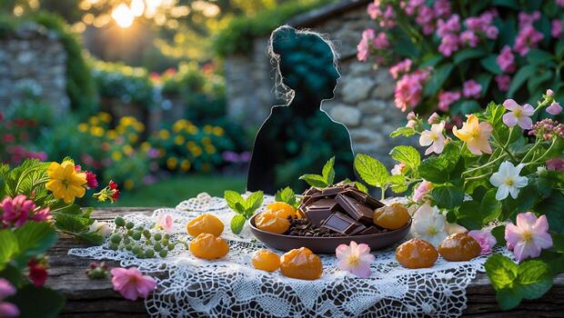 Enjoying Chocolate and Fruit in a Sunny Garden Setting photo