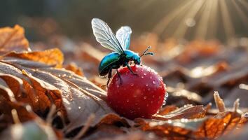 Iridescent Beetle Resting on Small Red Fruit Among Fallen Leaves photo