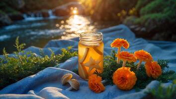 Refreshing Fruit Infusion in Nature Setting with Waterfall Backdrop photo