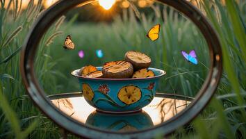 Serving Grilled Fruit with Butterflies at Sunset in Meadow Setting photo
