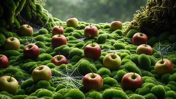 Apples on Mossy Hill with Cobwebs in a Forest Setting photo