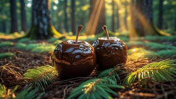 Chocolate Covered Apples Resting in Forest Setting with Sun Rays photo