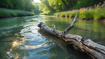 Log Floating in Gentle River with Sunlight and Lush Greenery photo