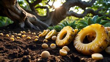 Pineapple Rings and Macadamia Nuts on Soil with Tree Background photo