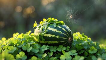 Watermelon Resting on Clovers with Vine and Spiderweb in Garden photo