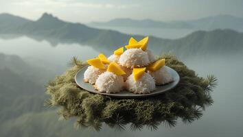 Coconut Macaroons with Mango Slices on Plate with Mountain Backdrop photo