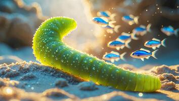Green Sea Cucumber on Sand with School of Small Blue Fish photo