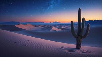 Cactus Silhouette in Desert Landscape with Starry Night Sky photo