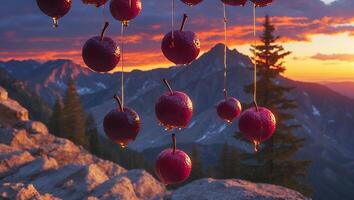 Red Apples Hanging with Honey Dripping Down with Mountain Backdrop photo