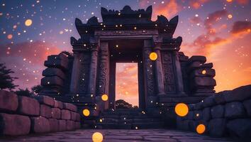 Ancient Stone Gate at Sunset with Golden Lights and Sky photo