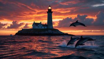 Dolphins Leaping Near Lighthouse at Sunset with Fiery Sky Reflection photo