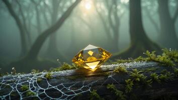 Yellow Gemstone Resting on Mossy Log in Mysterious Forest Scene photo